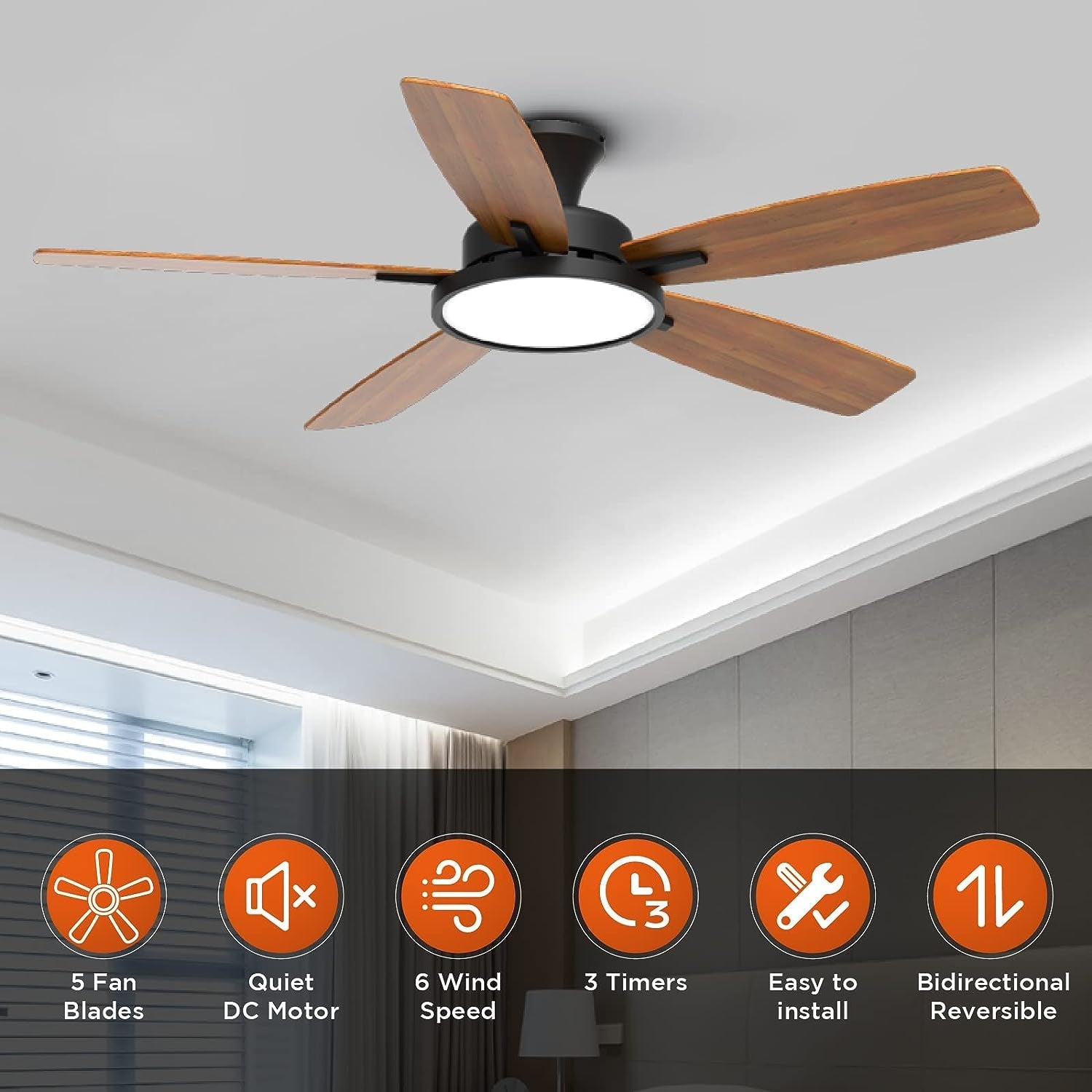 52 Inch Black Ceiling Fan With Remote Control Lights