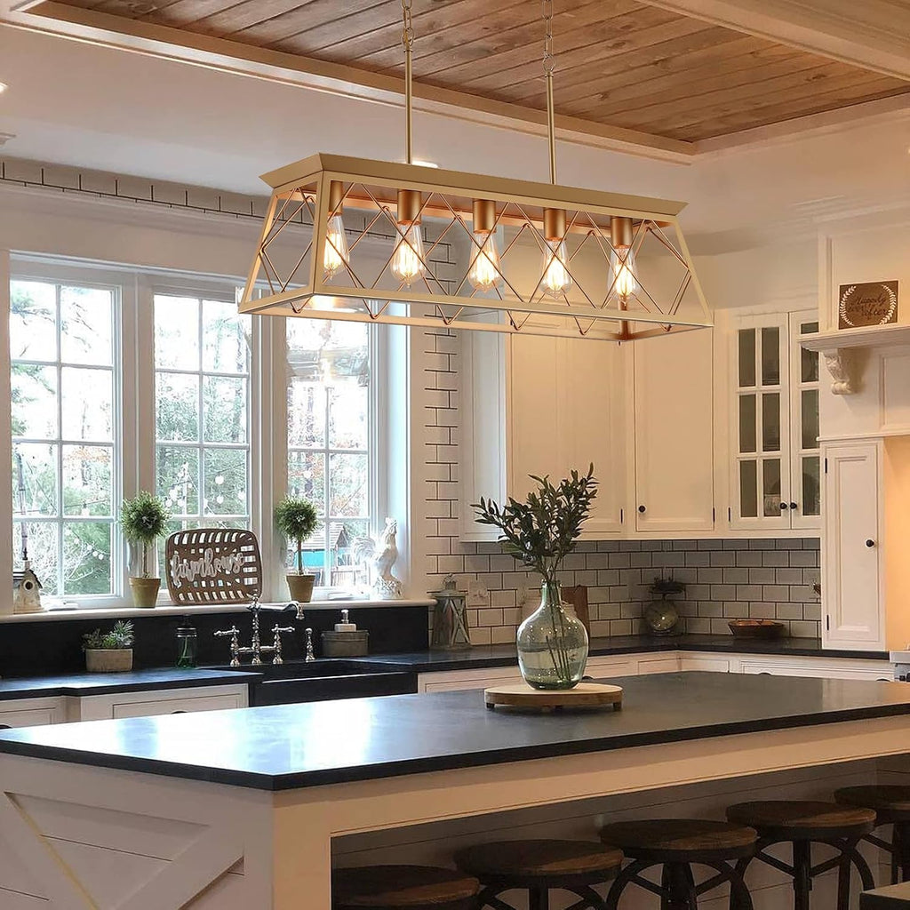 Gold 5 Light Farmhouse Chandelier Linear Ceiling Light