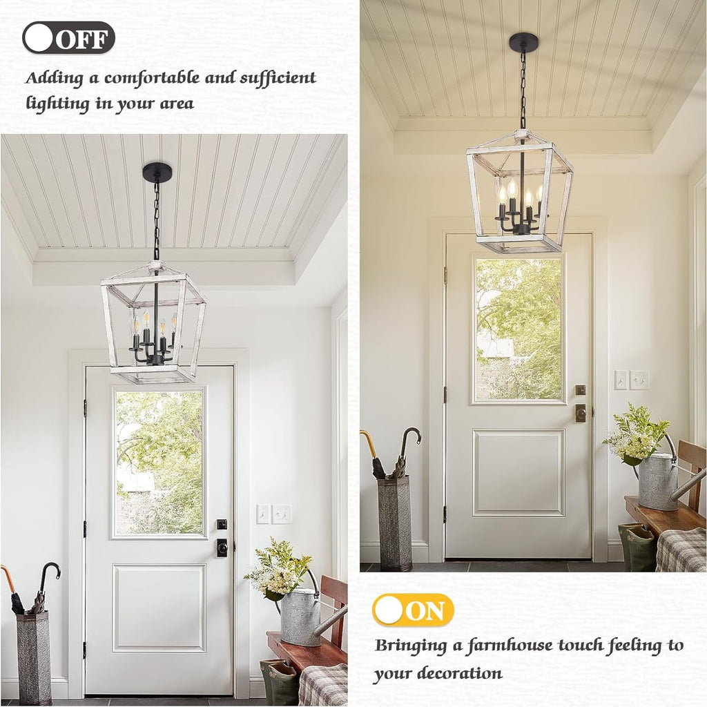 4 Light Rustic Chandelier, Farmhouse Lantern Fixture with Brushed