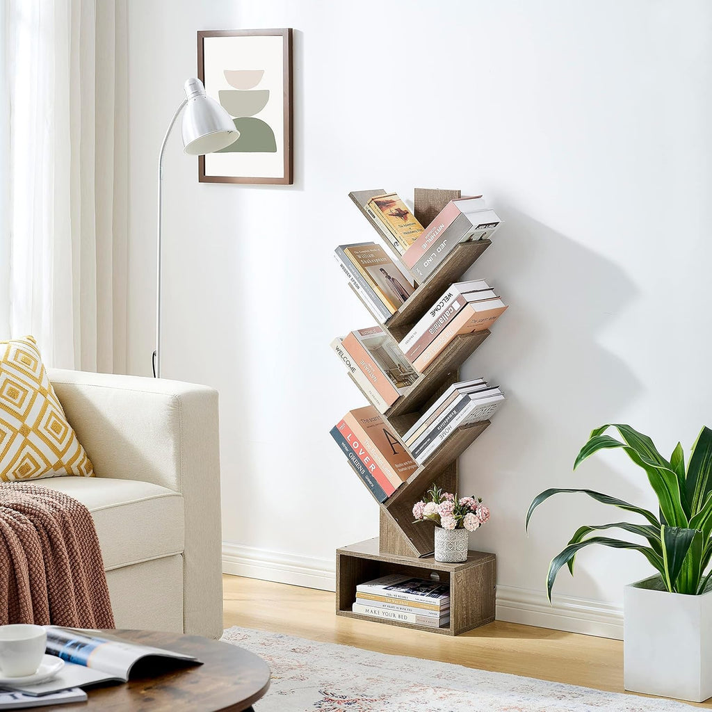6 Tier Tree Bookshelf, Tall Bookcase with Drawer, Freestanding Book