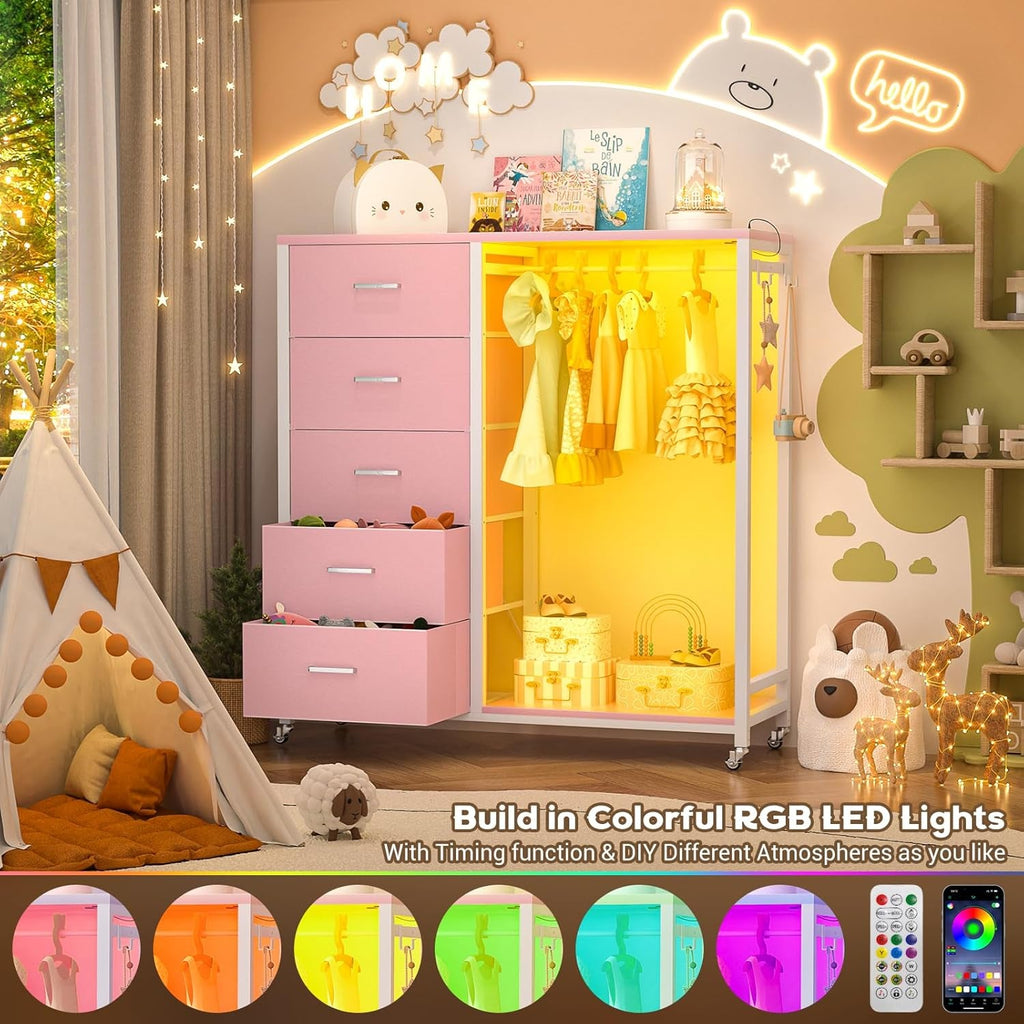 Dresser for Bedroom with Clothes Rack, 5 Drawers Dresser with Charging