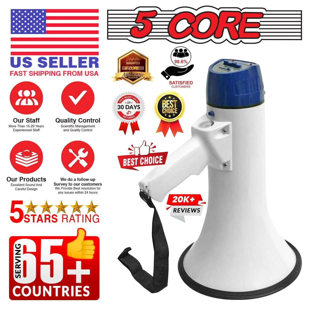 5Core Megaphone Bullhorn Speaker 20W Bull Horn Battery Power Cheer