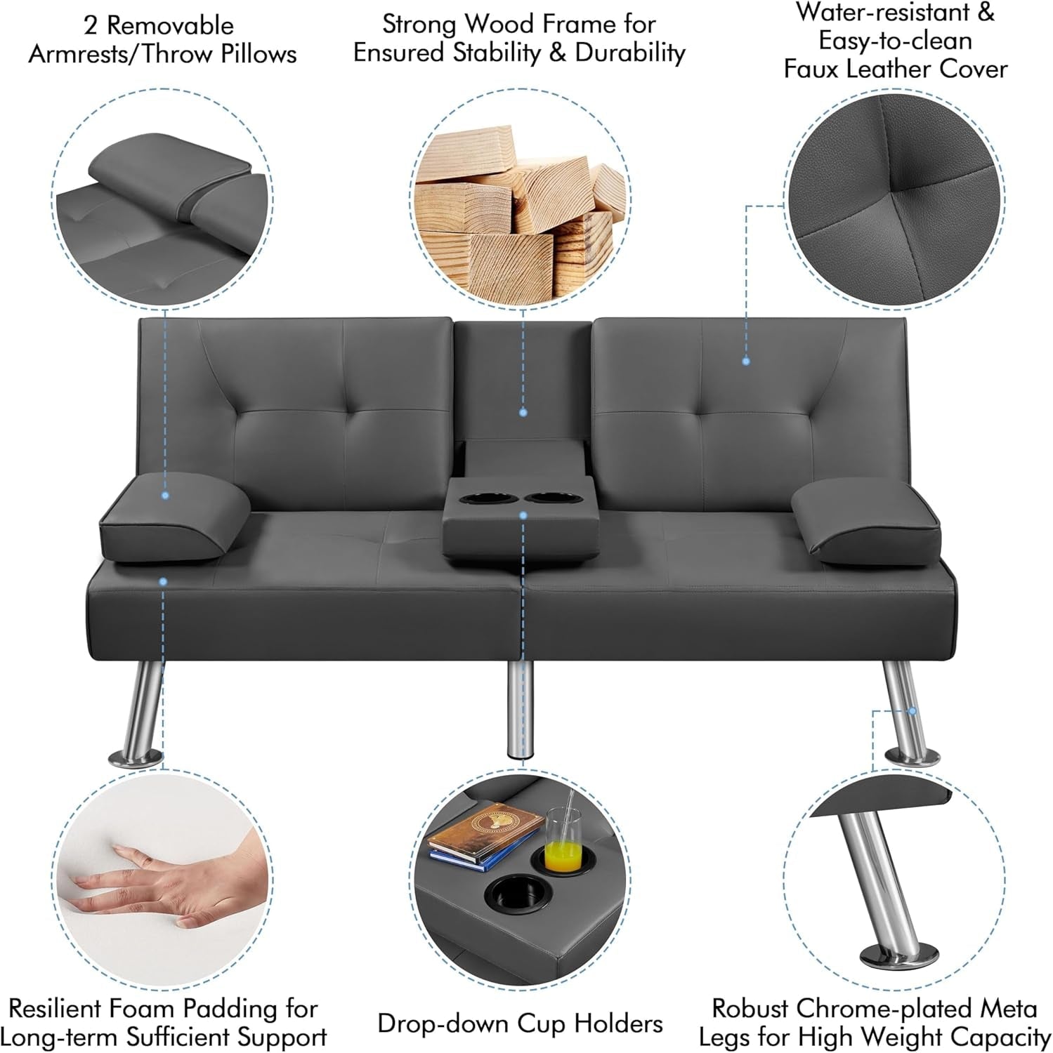 Convertible Sofa Bed Adjustable Couch Sleeper Modern Faux Leather Home