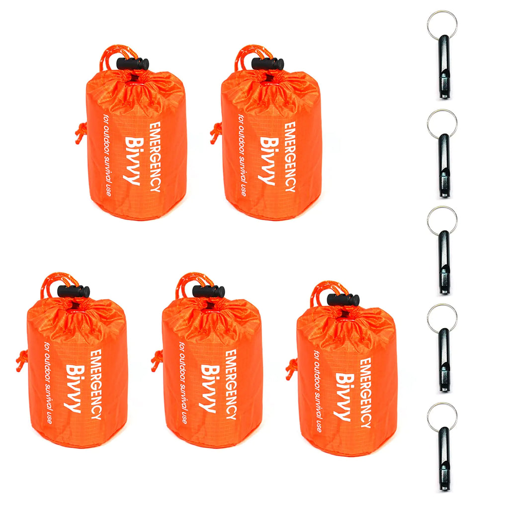 5 Pack Emergency Sleeping Bags Survival Bivvy Sack with Whistles Lightweight Portable Survival Gear for Outdoor Camping Hiking Keep Warm After Earthquakes Hurricanes Disasters