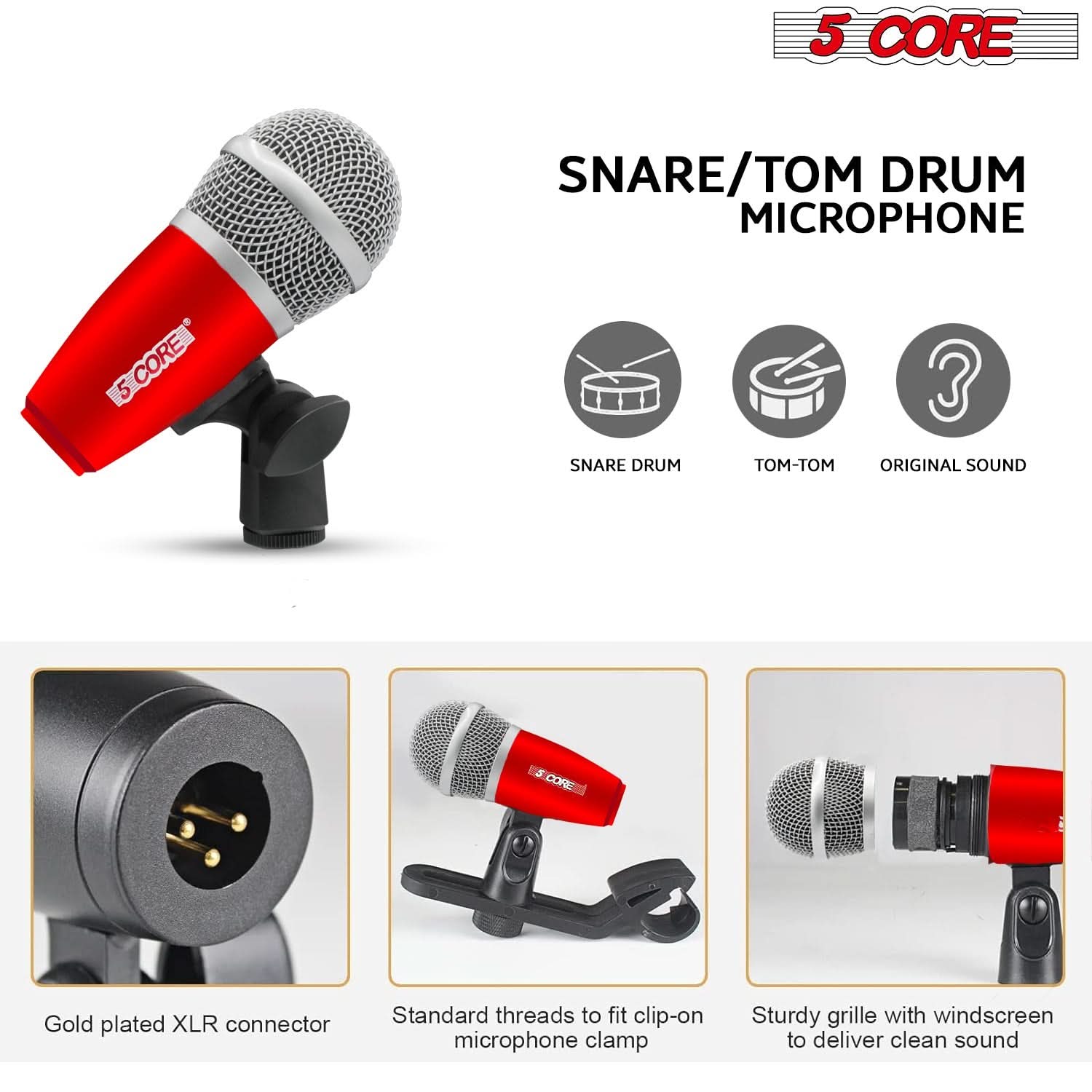 5Core Drum Mic Kit 7 Pcs Kick BassTom Snare Dynamic Mics Instrument