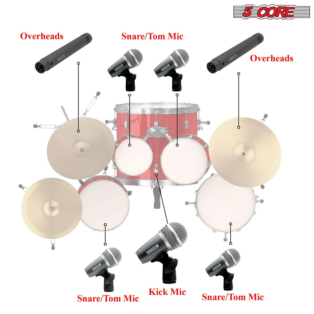 5Core Drum Mic Kit 7 Pcs Kick BassTom Snare Dynamic Mics Instrument