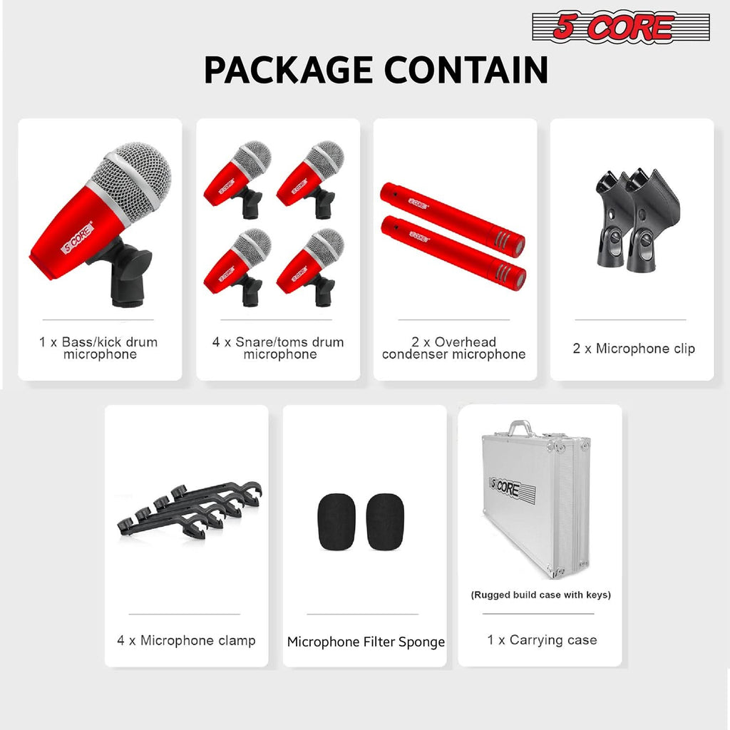 5Core Drum Mic Kit 7 Pcs Kick BassTom Snare Dynamic Mics Instrument