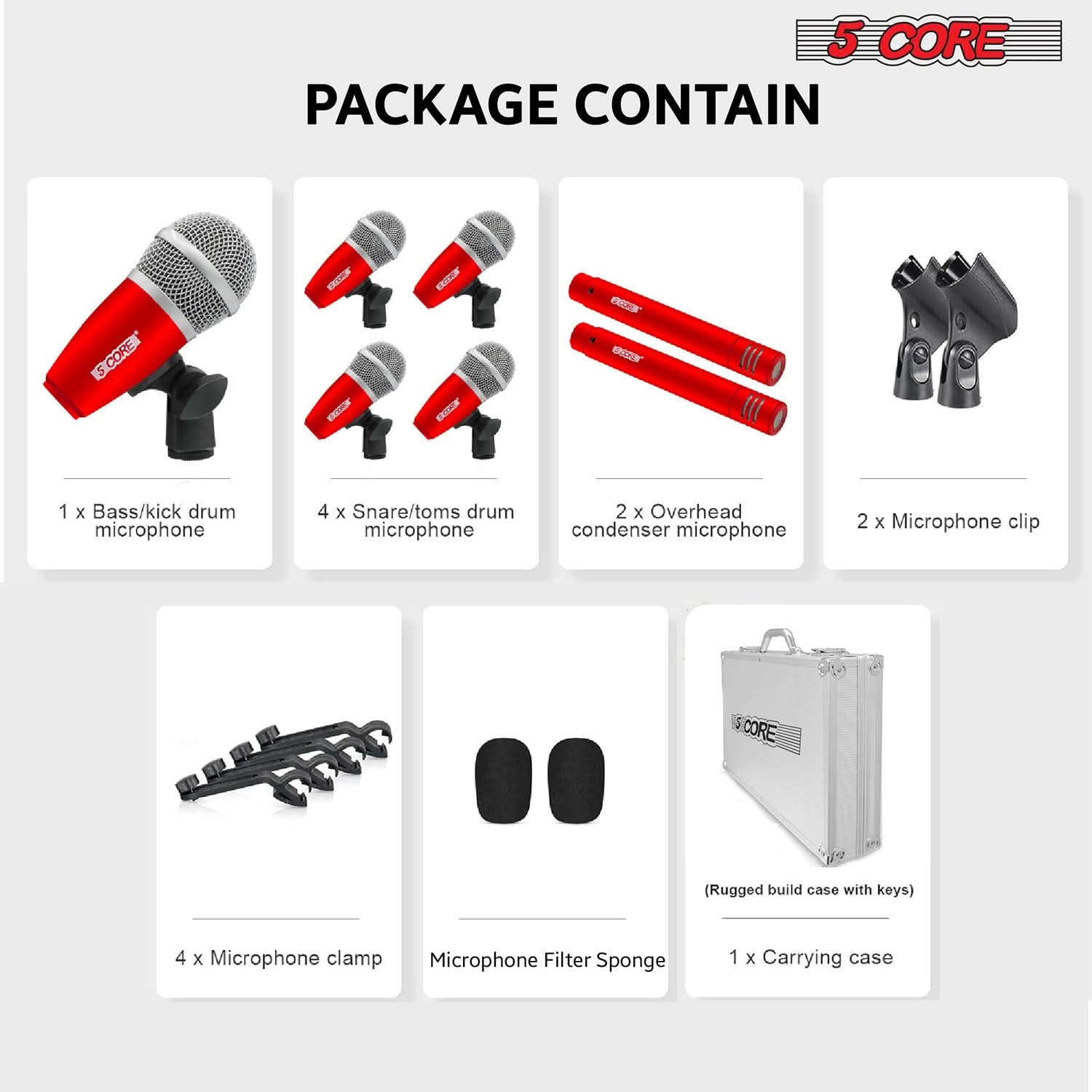 5Core Drum Mic Kit 7 Pcs Kick BassTom Snare Dynamic Mics Instrument