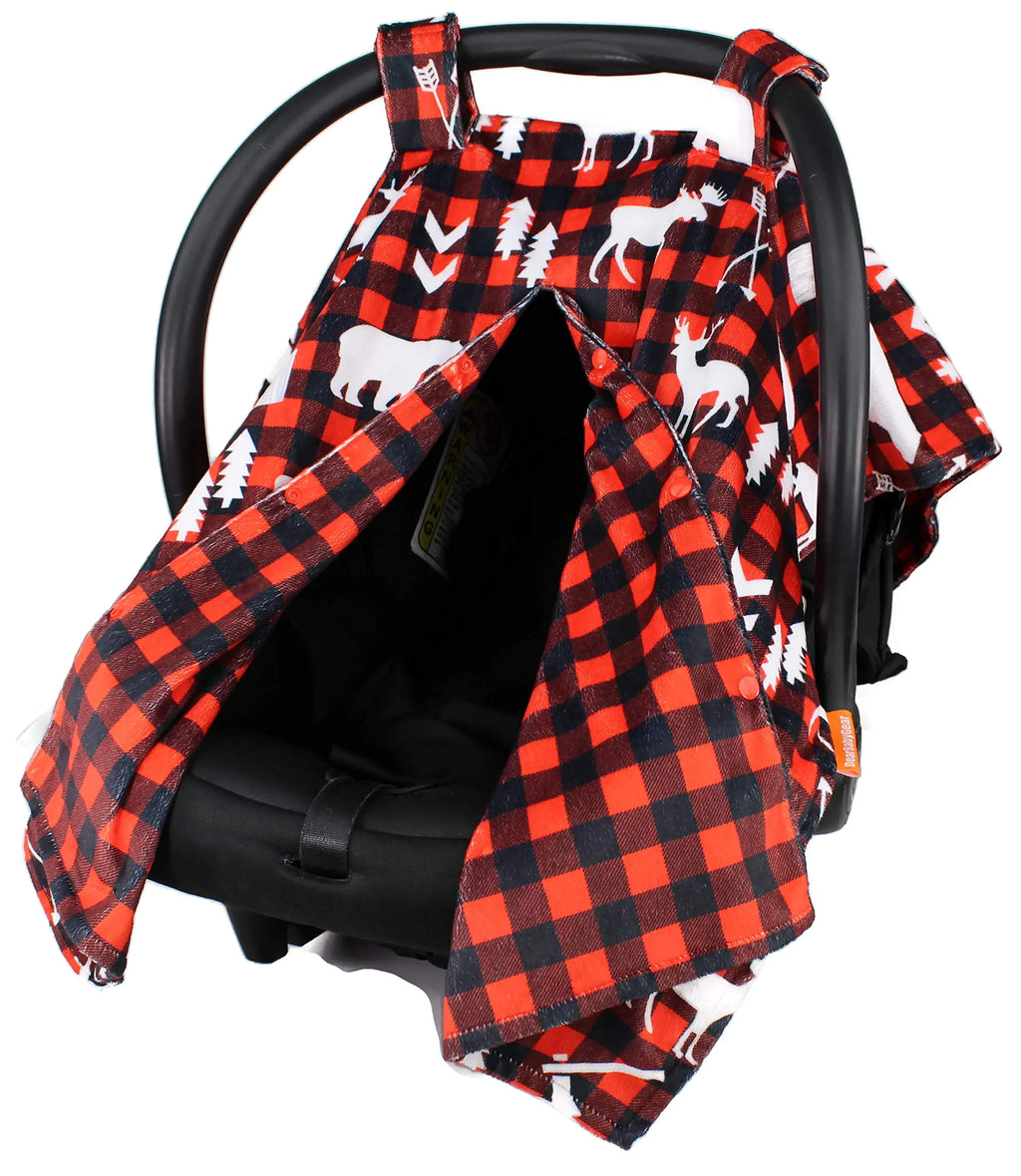 Dear Baby Gear Deluxe Reversible Car Seat Canopy Custom Minky Print Lumberjack Plaid and Northwoods