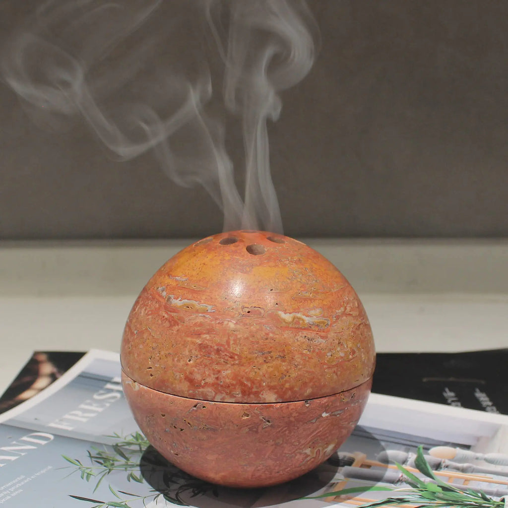 Natural Travertine Sphere Incense Burner Handmade Marble Incense Cone Burner Round Stone for Home Décor (Red)