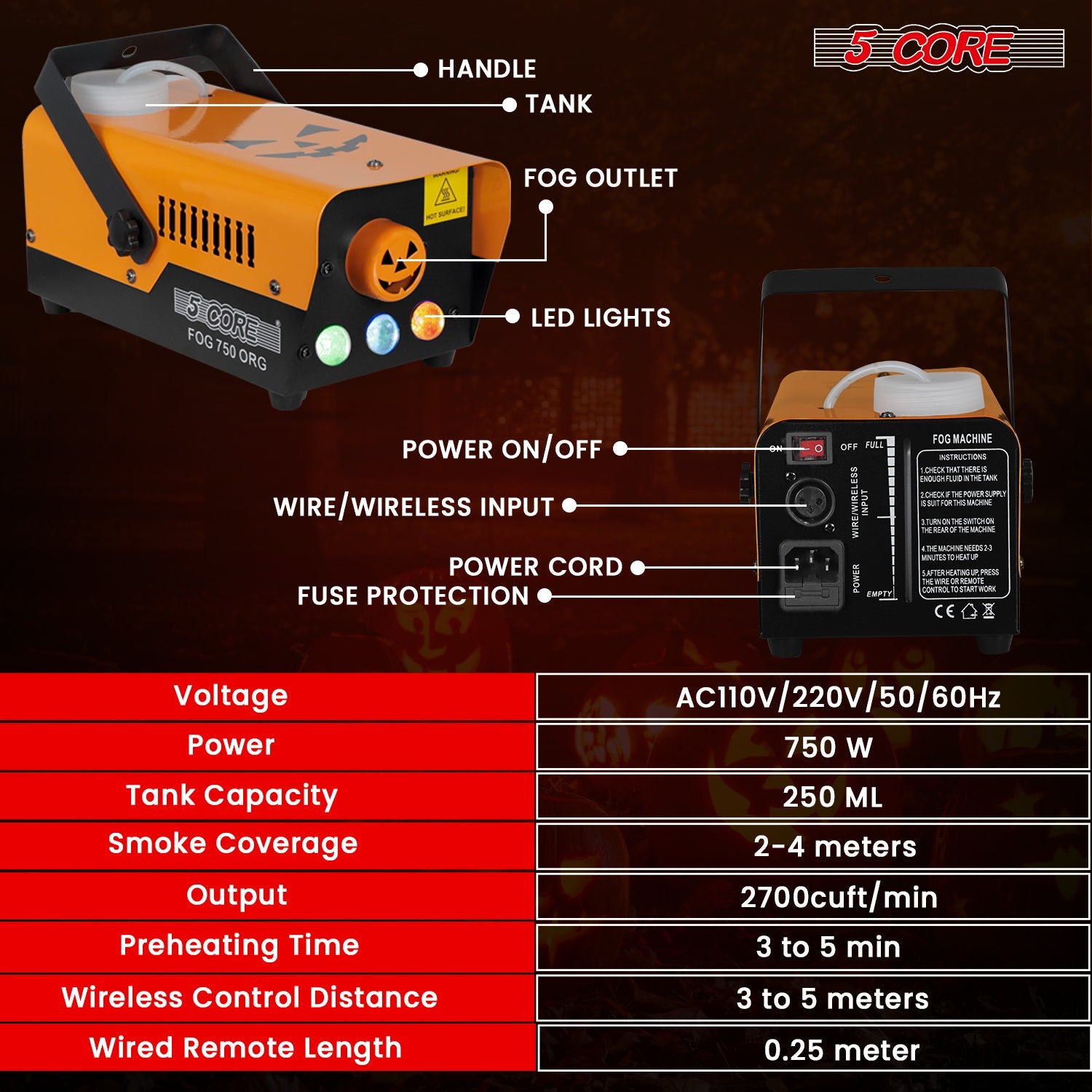 5 Core Fog Smoke Machine 750W Low Lying Indoor Outdoor 250ML Fog Maker