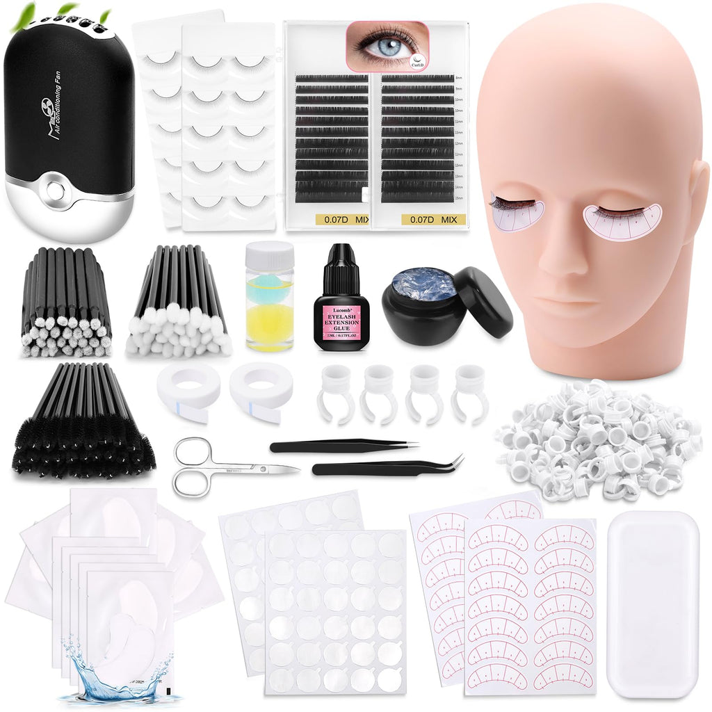 Eyelash Kit for Lash Extension Lash Tech Supplies with Mannequin Practice Head Lash Cluster Lash Extension Glue Eyelash Remover Fan Tweezers Lash Training Tools Set for Beginners at Home