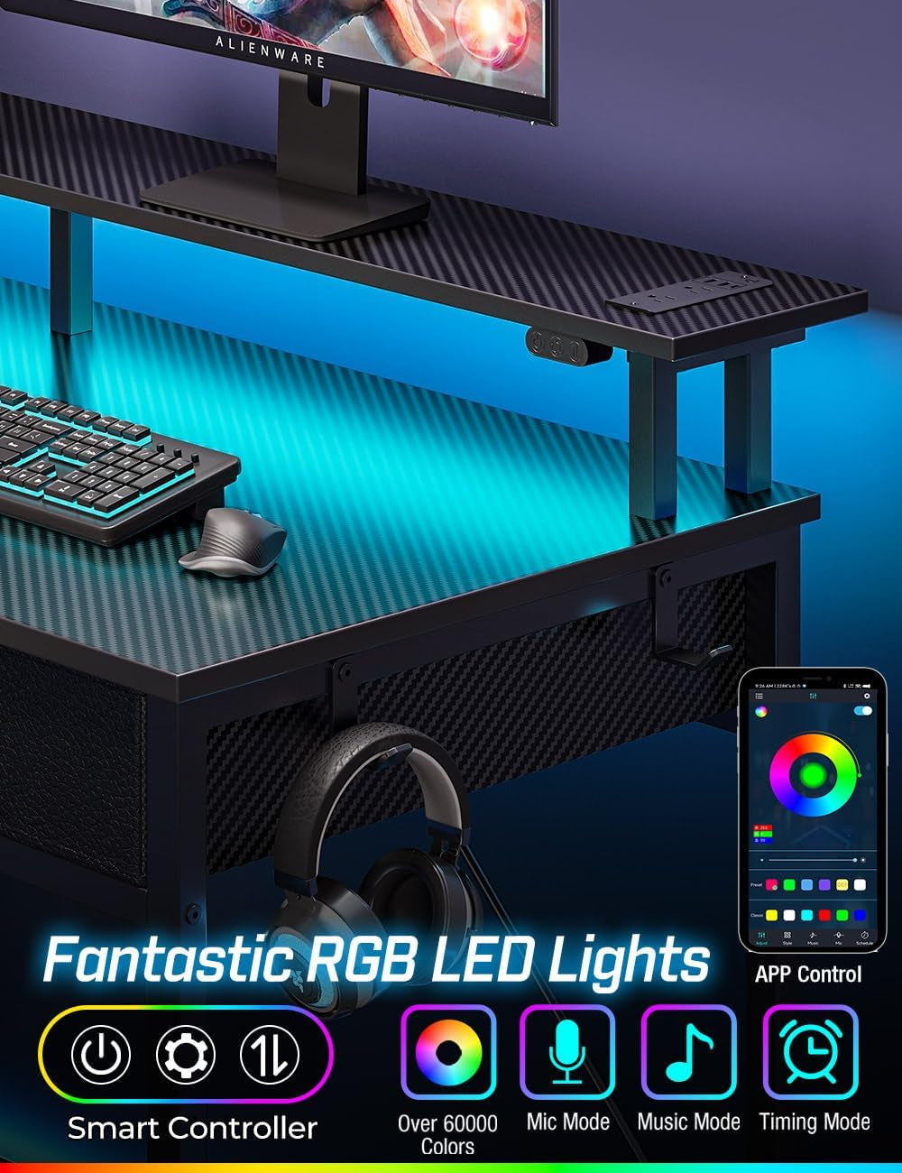 Computer Desk with Power Outlets & LED Light, 47 Inch Home Office Desk