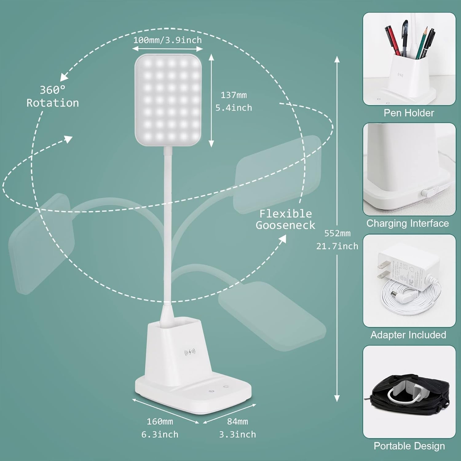 Upgraded LED Desk Lamp with Wireless Charger, White Small Desk Light