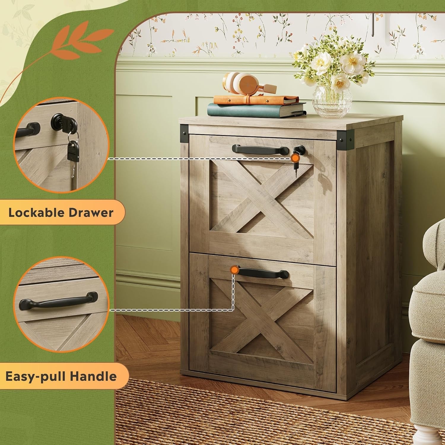 2 Drawer File Cabinet With Lock Gray Oak Farmhouse Home Office Printer