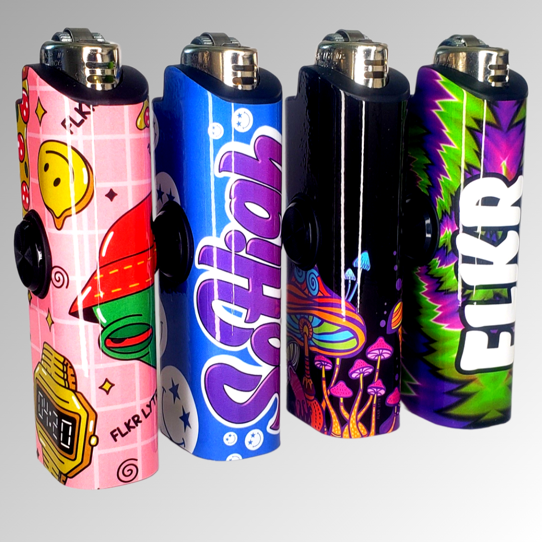 FLKR LYTR® Amazon Prime Fidget Spinner Lighter Case 4 pack for Bic Lighter® Case Pink Alien, Trippy, Large Mushroom Garden, So High