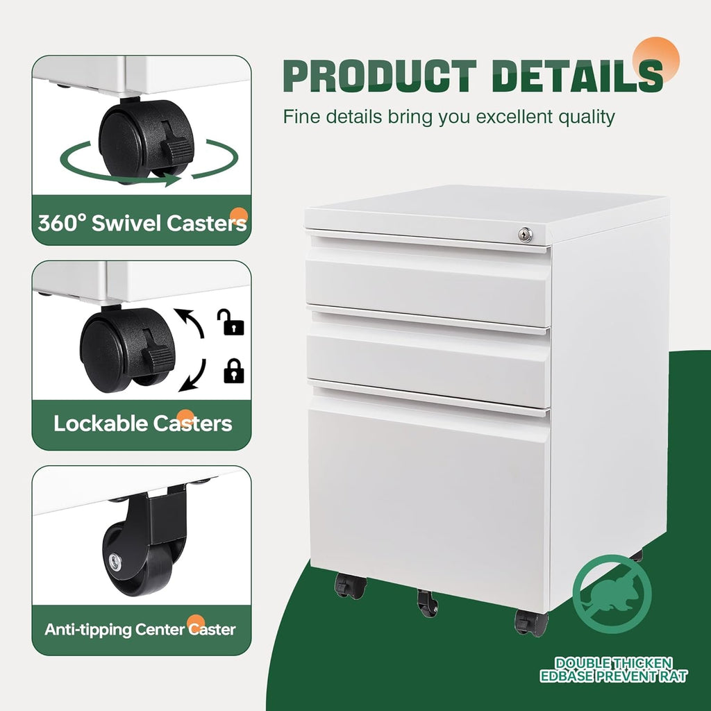 3 Drawer Mobile File Cabinet with Lock, under Desk Metal Filing