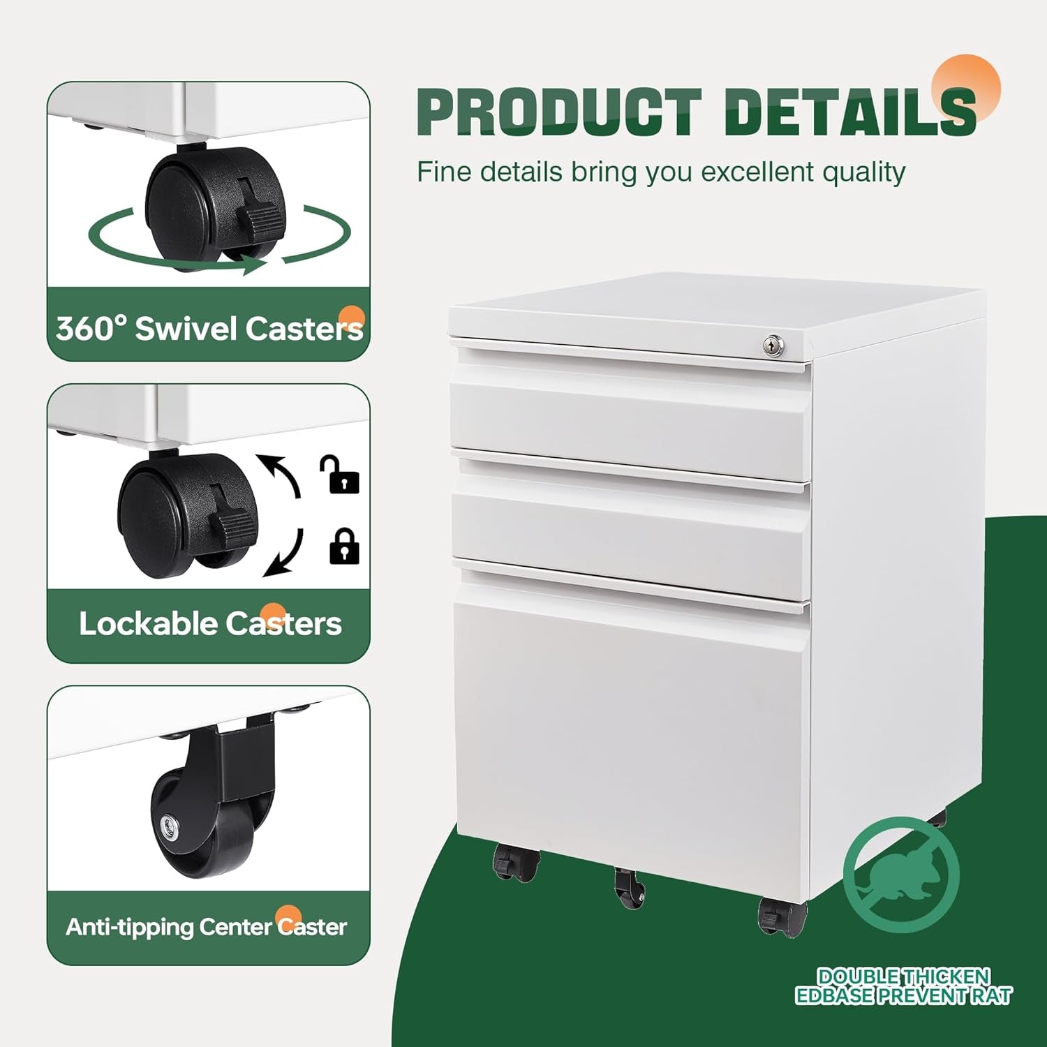 3 Drawer Mobile File Cabinet with Lock, under Desk Metal Filing