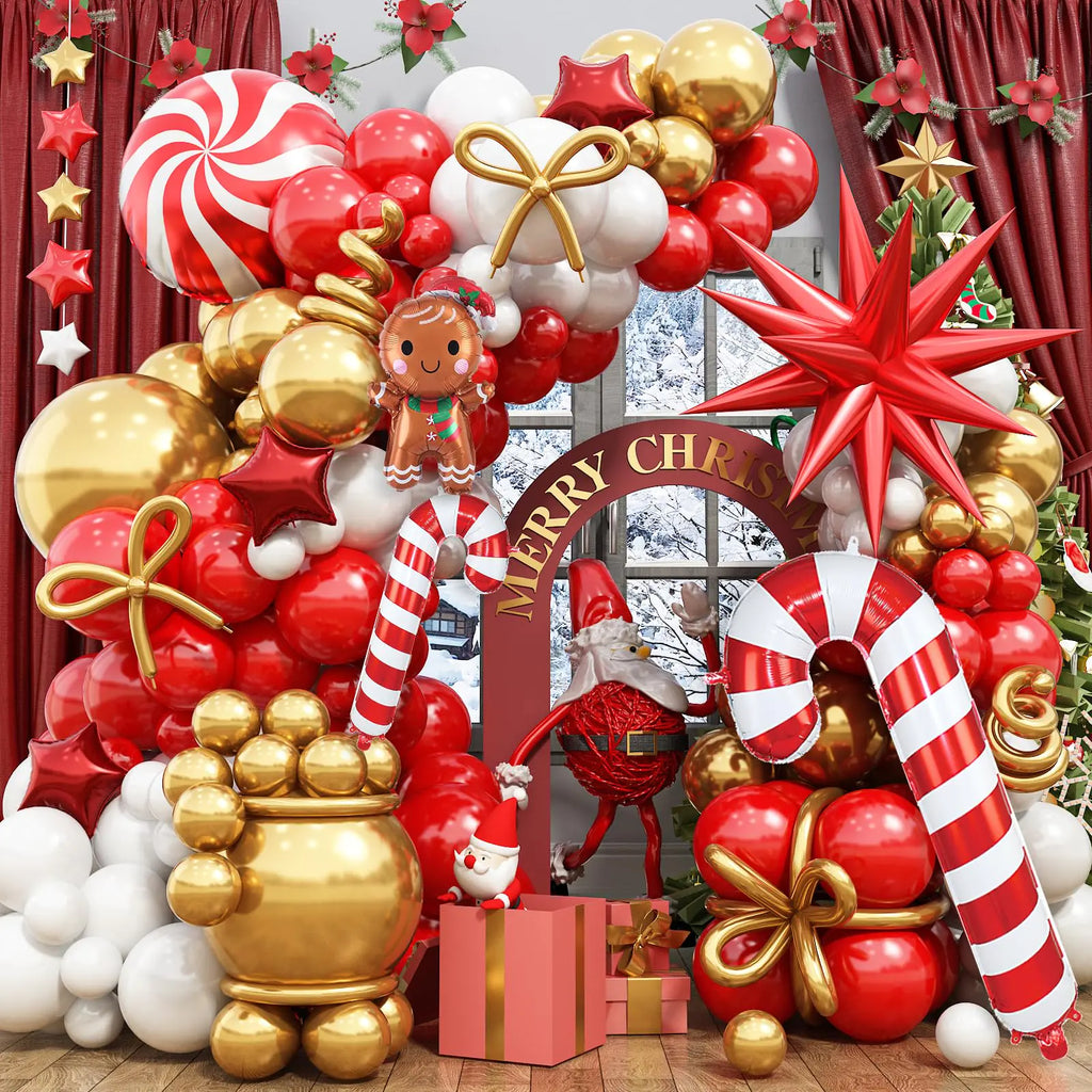 Red Christmas Balloon Garland Arch Kit Christmas Red White Gold Balloons with Big Gingerbread Cane Windmill Star Mylar Foil Balloons Metalic Gold Long Balloon for Merry Christmas Decorations
