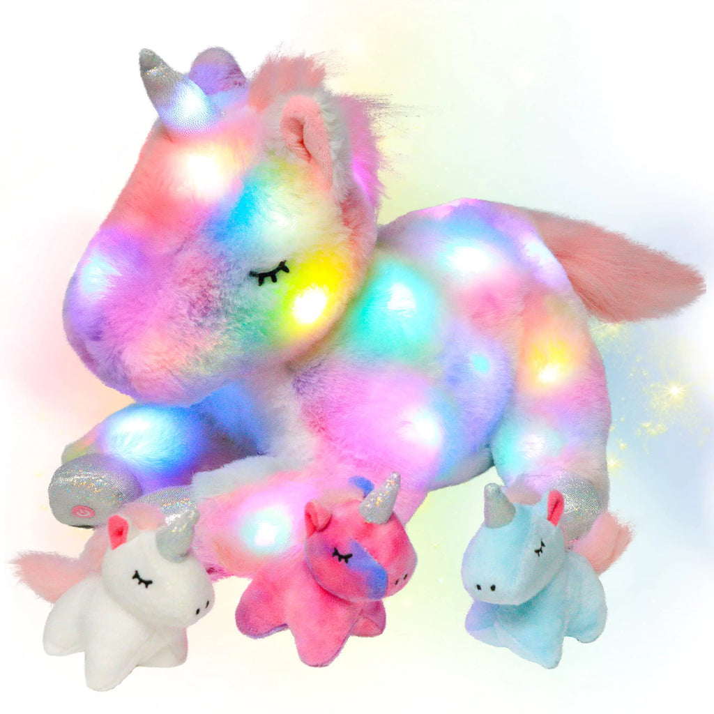Hopearl LED Plush Unicorn Lighting Up Stuffed Mommy Unicorn with 3 Baby Unicorns in her Tummy Stuffed Animal Playset Night Lights Glow in The Dark for Mom Toddler Girls Rainbow 19