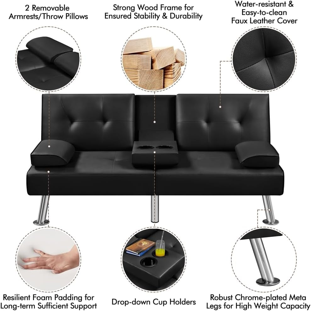 Convertible Sofa Bed Black Faux Leather With Cup Holders