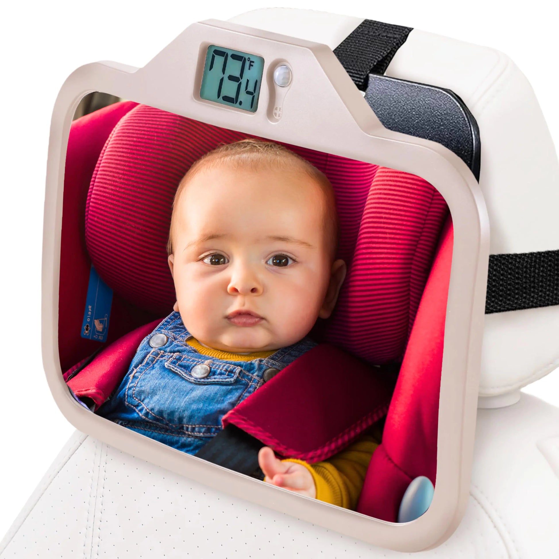 Thermomirror - Baby Car Mirror with Temperature Display Car Seat Mirror for Baby Rear Facing New Born Essentials Must Haves Infant Car Seat Mirror for Baby Travel Gear - Wide Angle (Beige)