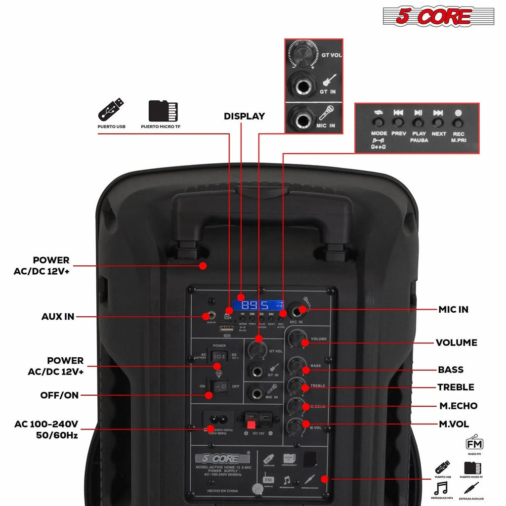 5Core 12 Inch PA Portable Bluetooth Party Speaker Karaoke Boombox + 2