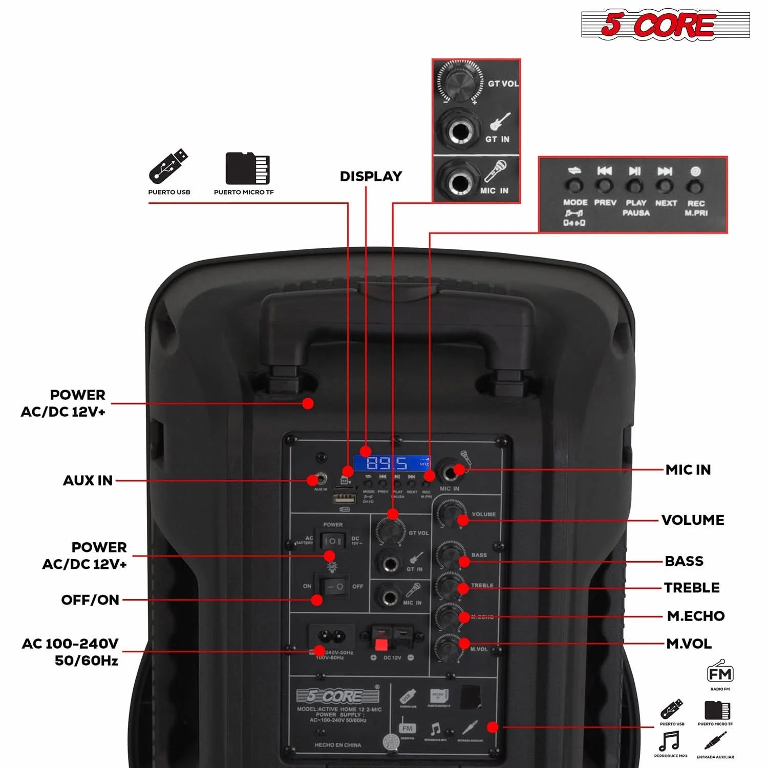 5Core 12 Inch PA Portable Bluetooth Party Speaker Karaoke Boombox + 2