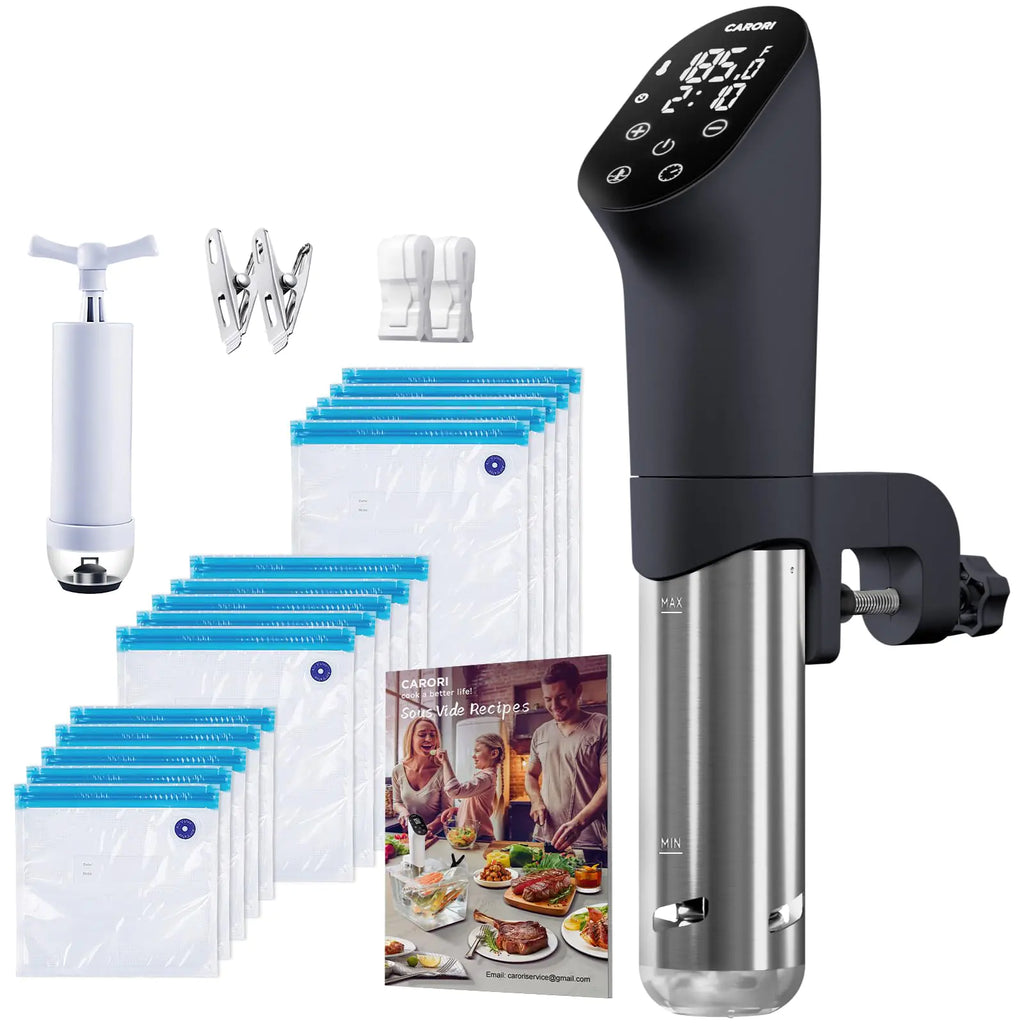 Carori Sous Vide Machine 1100W Ultra Quiet Immersion Circulator with Recipes Sous Vide Precision Cooker With Sous Vide Bags Kit 20-Piece Set with Reusable Vacuum Seal Bags in 3 Sizes Black