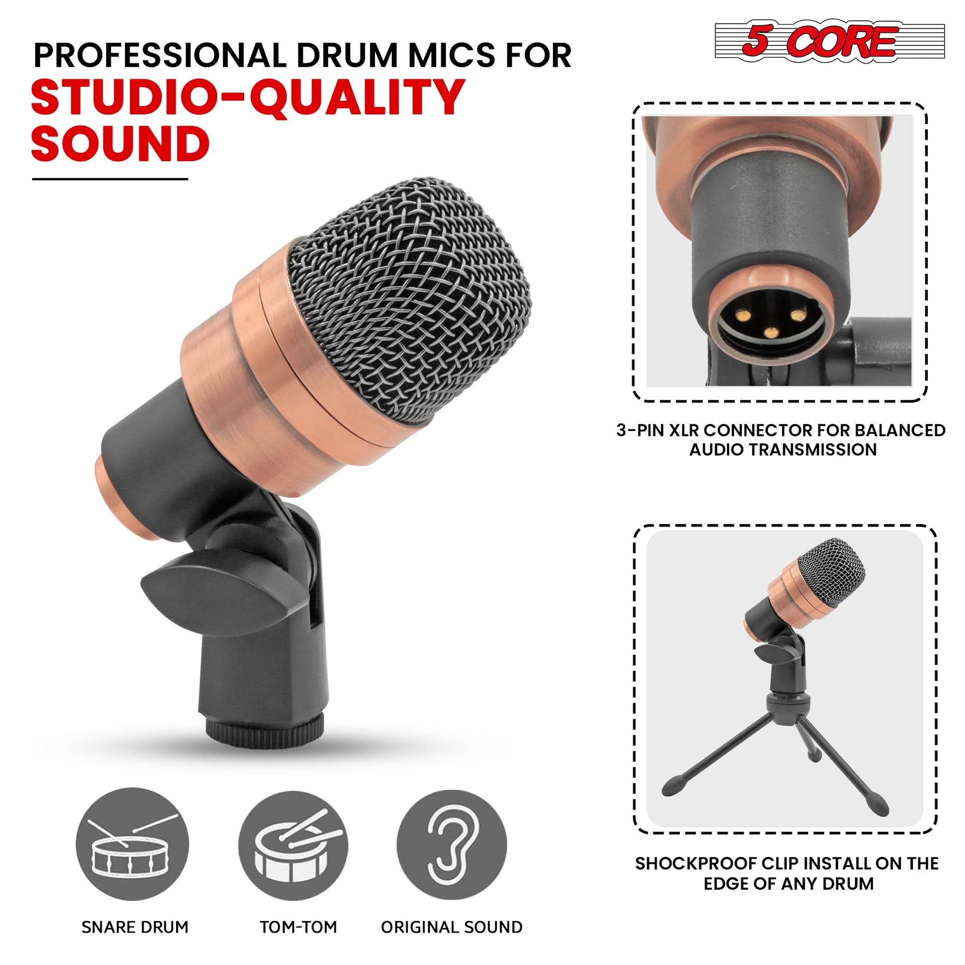 5 Core Snare Microphone XLR Wired Uni Directional Tom Drum and Other