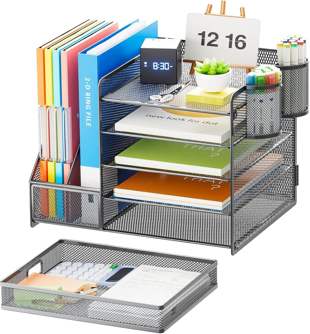 Grey 5-Tier Mesh Desk Organizer with Drawer
