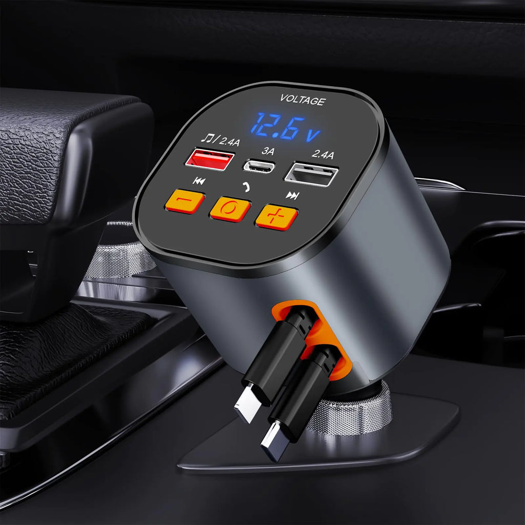 COCIVIVRE Bluetooth 5.3 FM Transmitter AdapterHandsfree Call Car ChargerDual USB+Type-C Port Charging & 2 Retractable Cable Car Charger PD 30WWireless Bluetooth Car KitMP3 Player Support USB Disk