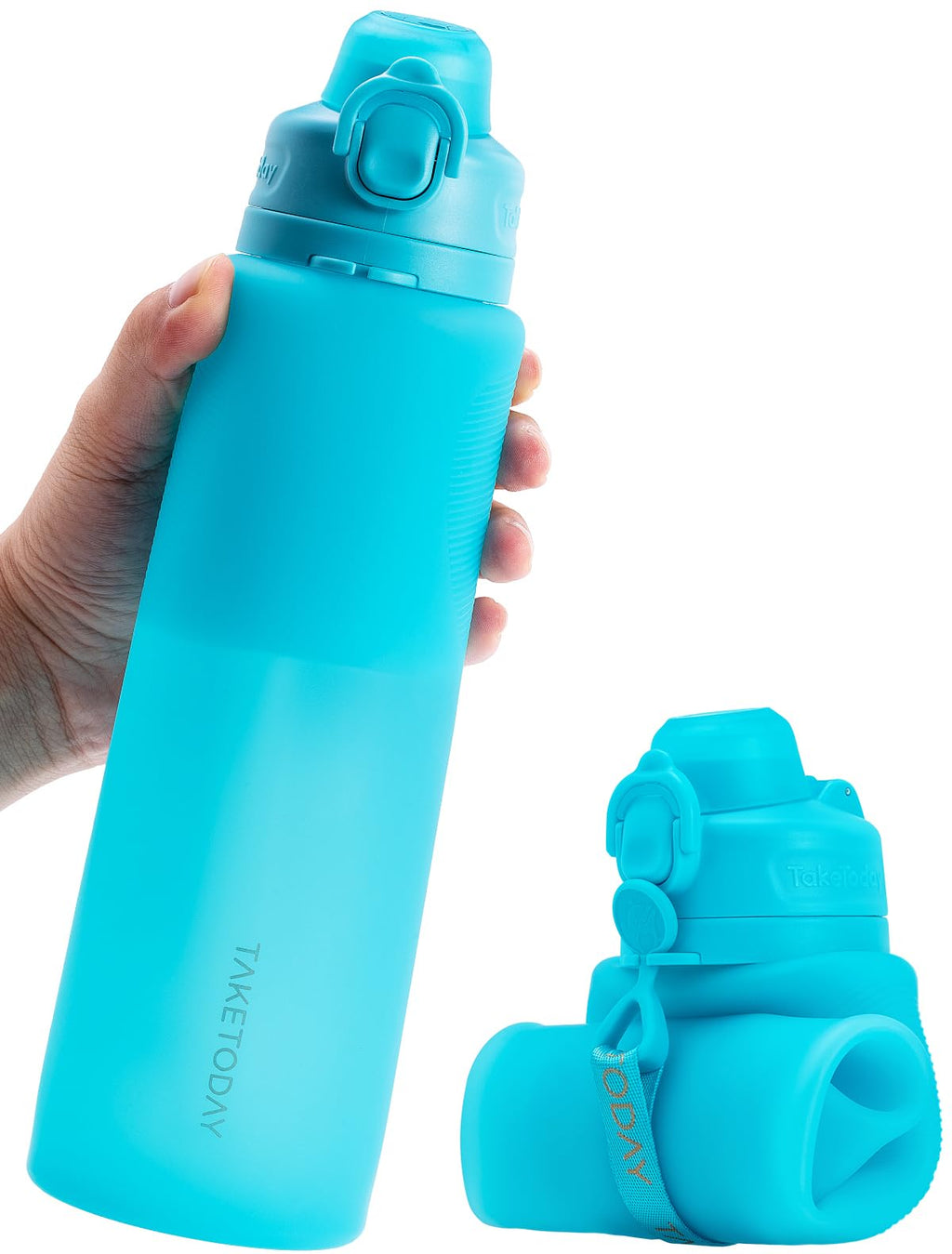 TakeToday Collapsible Water Bottles 32oz Foldable Travel Water Bottle with Strap BPA Free Silicone Water Bottle Leakproof for Hiking International Travel Outdoors (Blue)