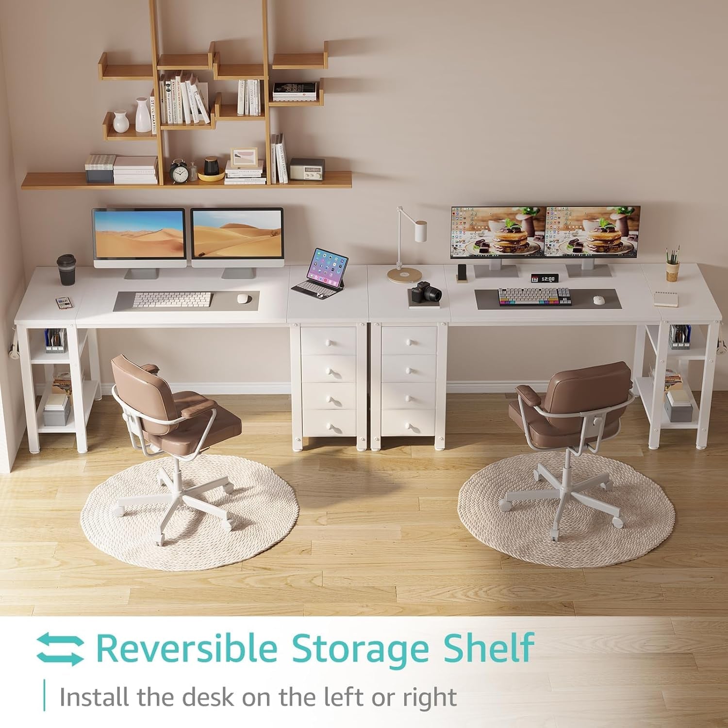 White Computer Desk with Fabric Drawers & Storage Shelves, 55 Inch