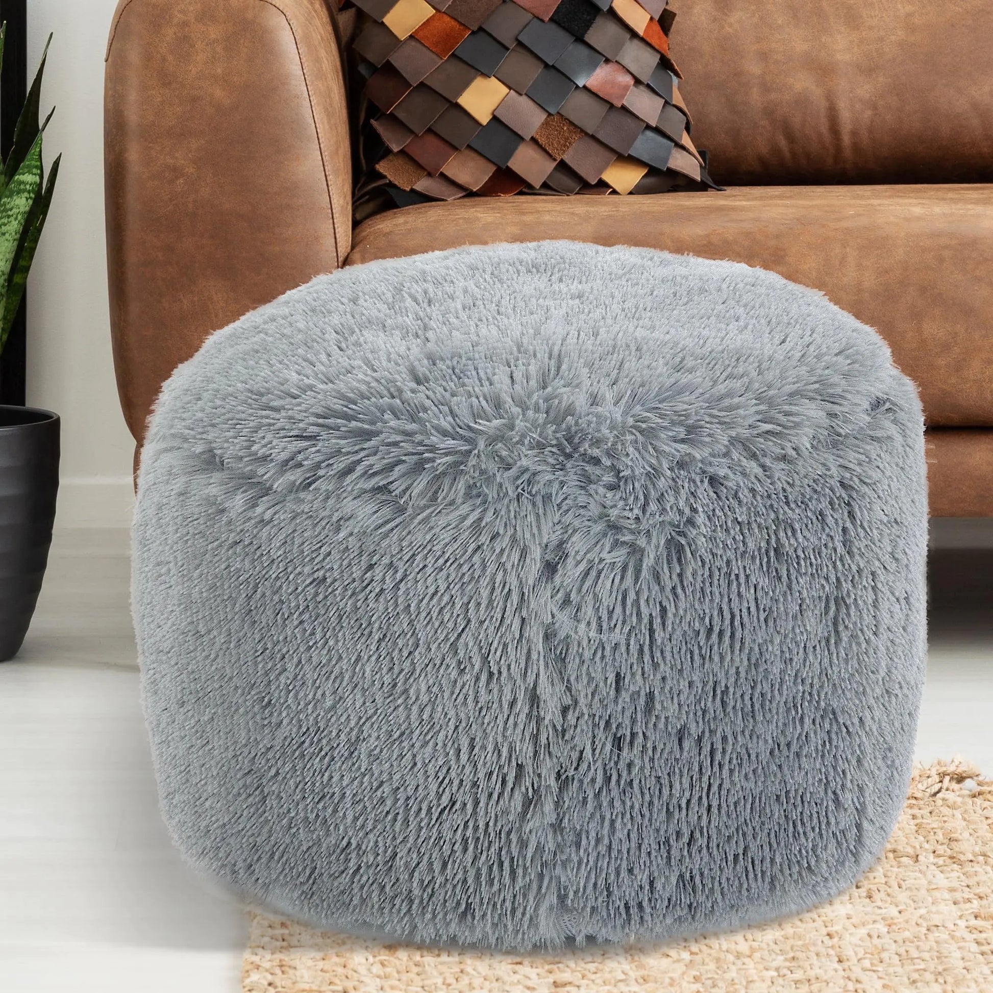BALAPET Fluffy Pouf Ottoman with Down-Alternative Filling Stuffed Round Faux Fur Pouf Ottoman Foot Stool Floor Bean Bag Chair Foot Rest for Living Room Bedroom Light Grey