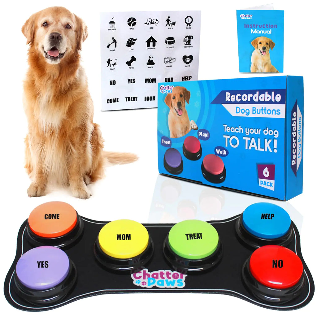 CHATTER PAWS Dog Buttons for Communication - Pack of 6 Loud dog buttons talk ABS Plastic dog training button 30s Recordable Dog Talking Button Set with Waterproof Anti-Slip Mat and 24 Scene Stickers
