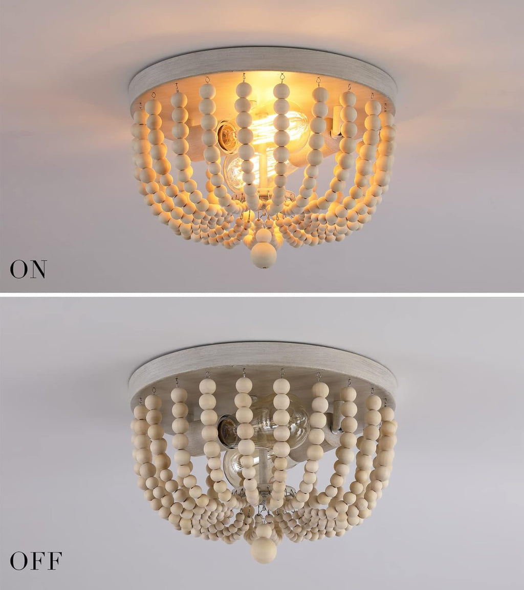 Boho Wood Beaded Flush Mount Chandelier Oak Finish 2 Lights