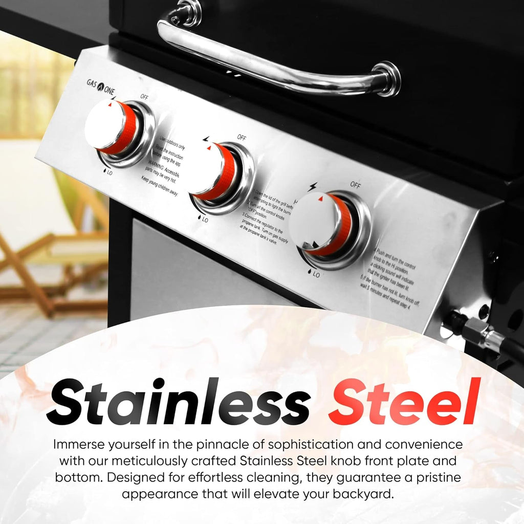 Stainless Gas Grill 3-Burner, Cabinet, Wheels, Outdoor BBQ