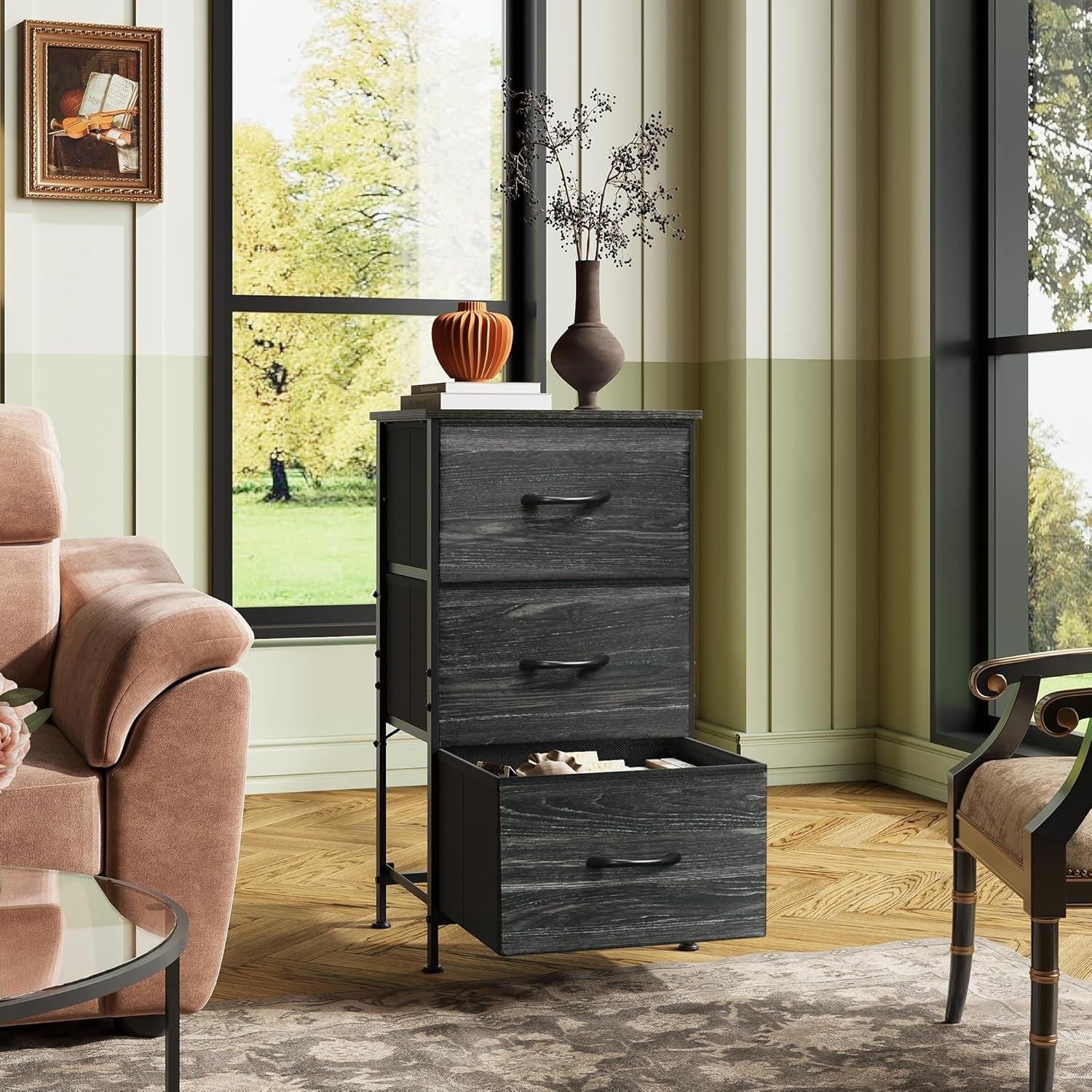 Nightstand with 3 Drawers, Fabric Dresser, Organizer Unit, Storage