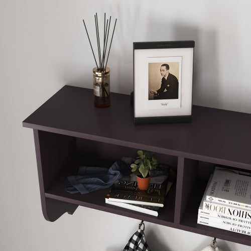 Espresso Entryway Wall Mounted Coat Rack With 4 Dual Hooks Living Room Wooden Storage Shelf