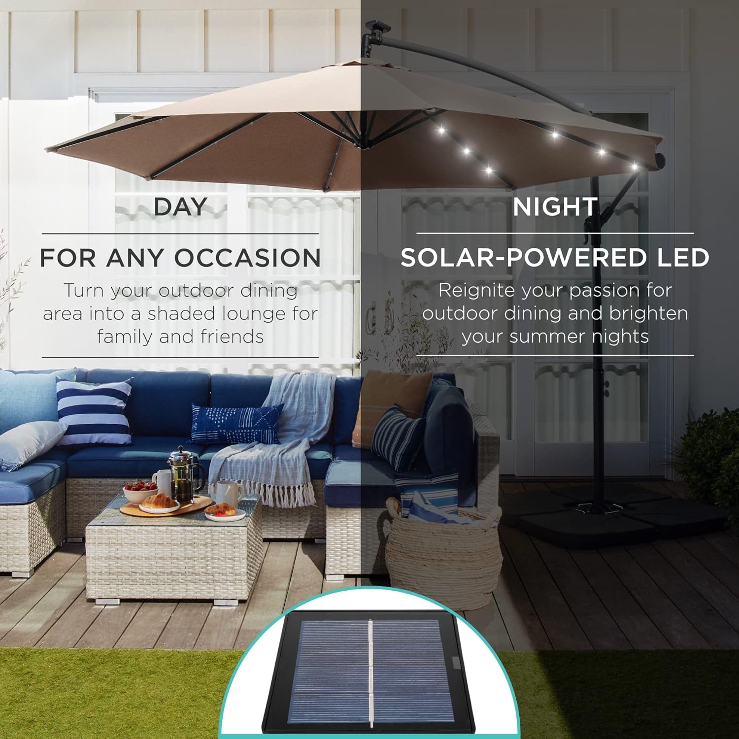 10 Foot Solar LED Offset Patio Umbrella With Easy Tilt Adjustment In