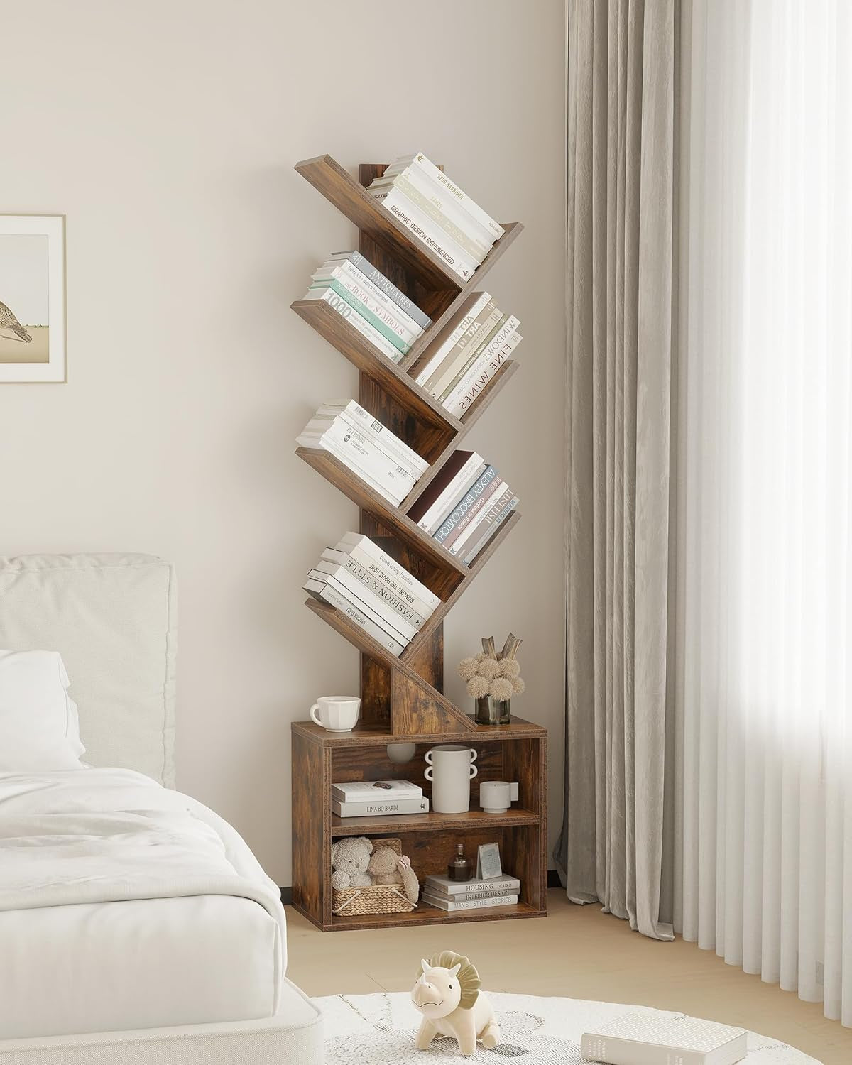 6 Tier Tree Bookshelf with Cabinet Rustic Modern