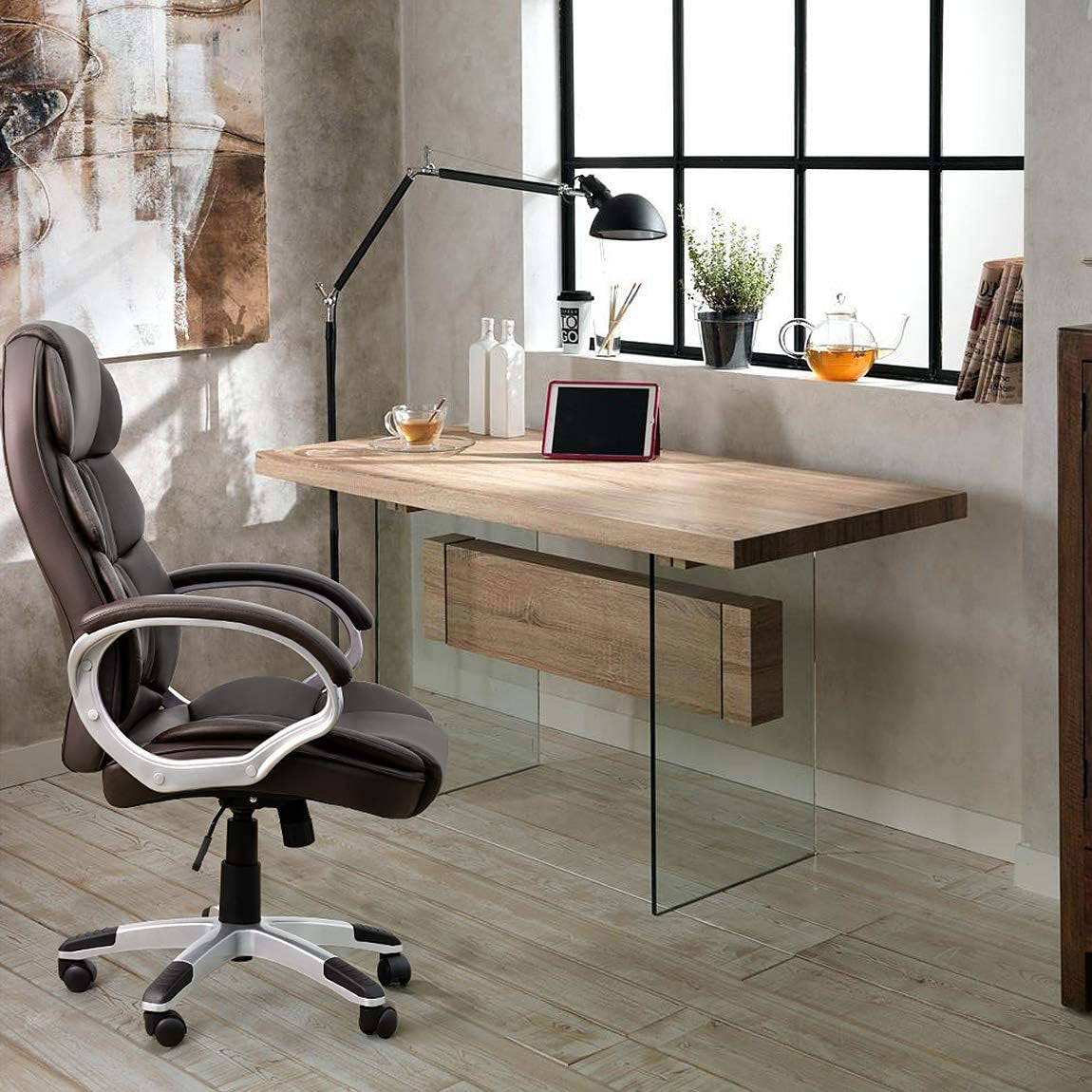 Ergonomic High Back Office Chair Lumbar Brown PU Leather