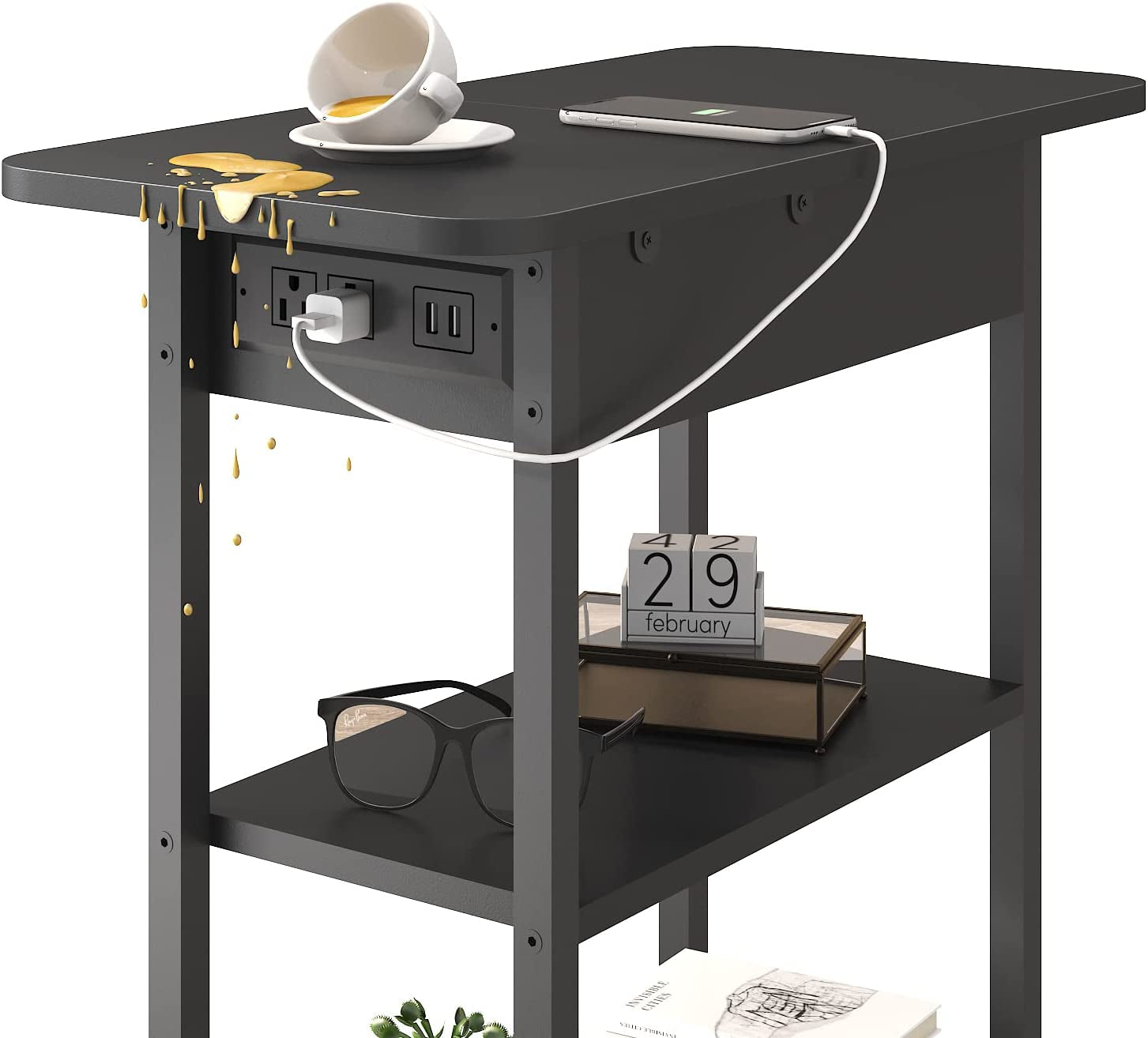 End Table With Charging Station Black Flip Top Side Table