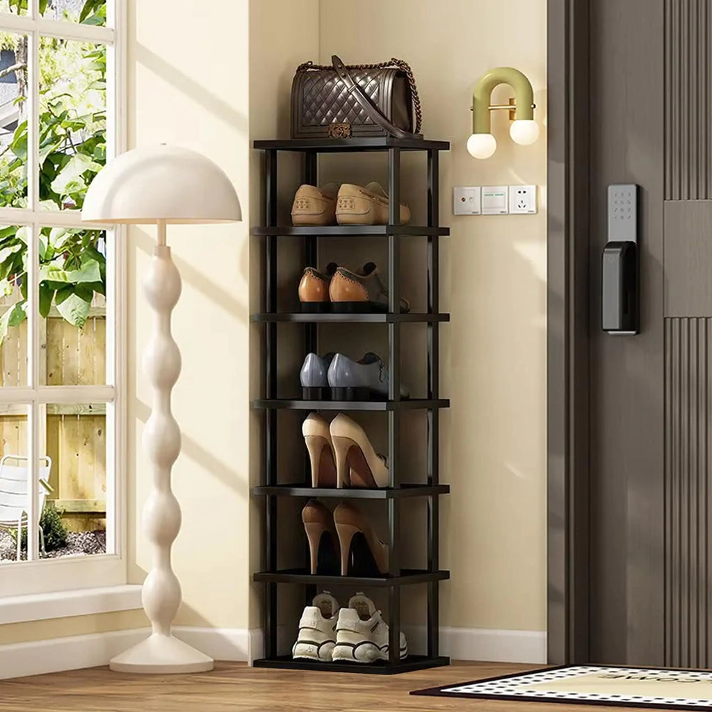 Vertical Shoe Rack - Tall Narrow Shoe Rack Organizer for Small Spaces7 Tier Bamboo Shoen Shelf for EntrywayClosetCornerDoorwaySkinny Shoe Shelf Space Saving Shoe StorageFree Stackable DIY