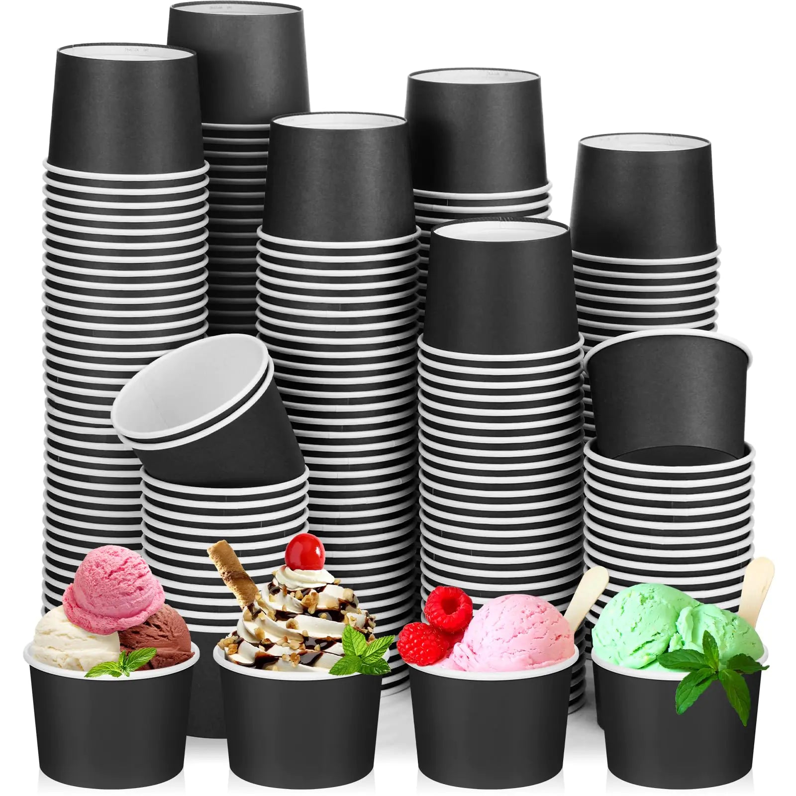 Nuenen 300 Pcs 8 oz Ice Cream Cups Disposable Halloween Ice Cream Bowls Ice Cream Paper Cup Ice Cream Sundae Cups Bar Supplies for Snack Party Favors(Black)