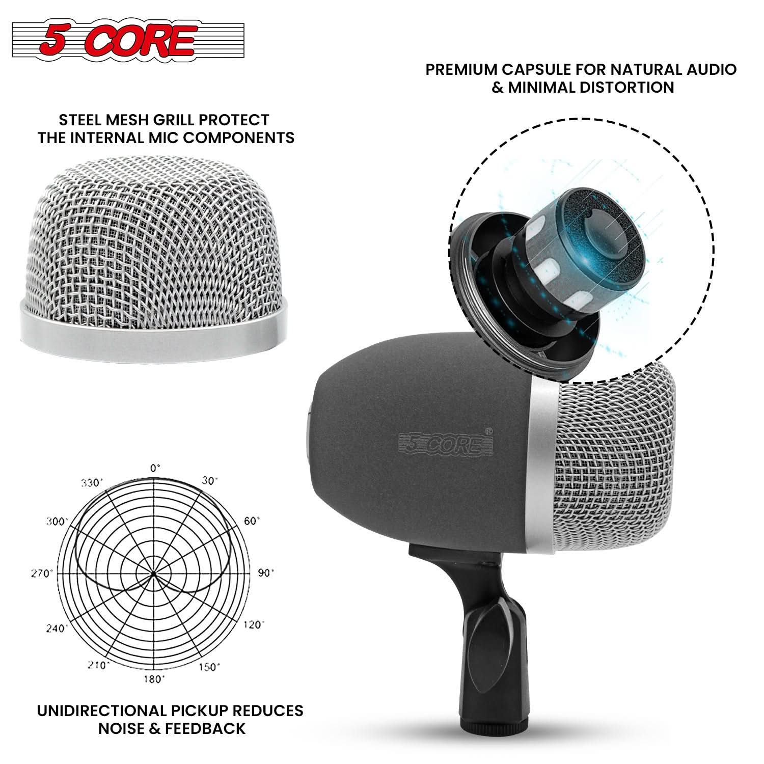 5 Core Tom Snare Mic Cardioid Dynamic Microphone for Drum Kit