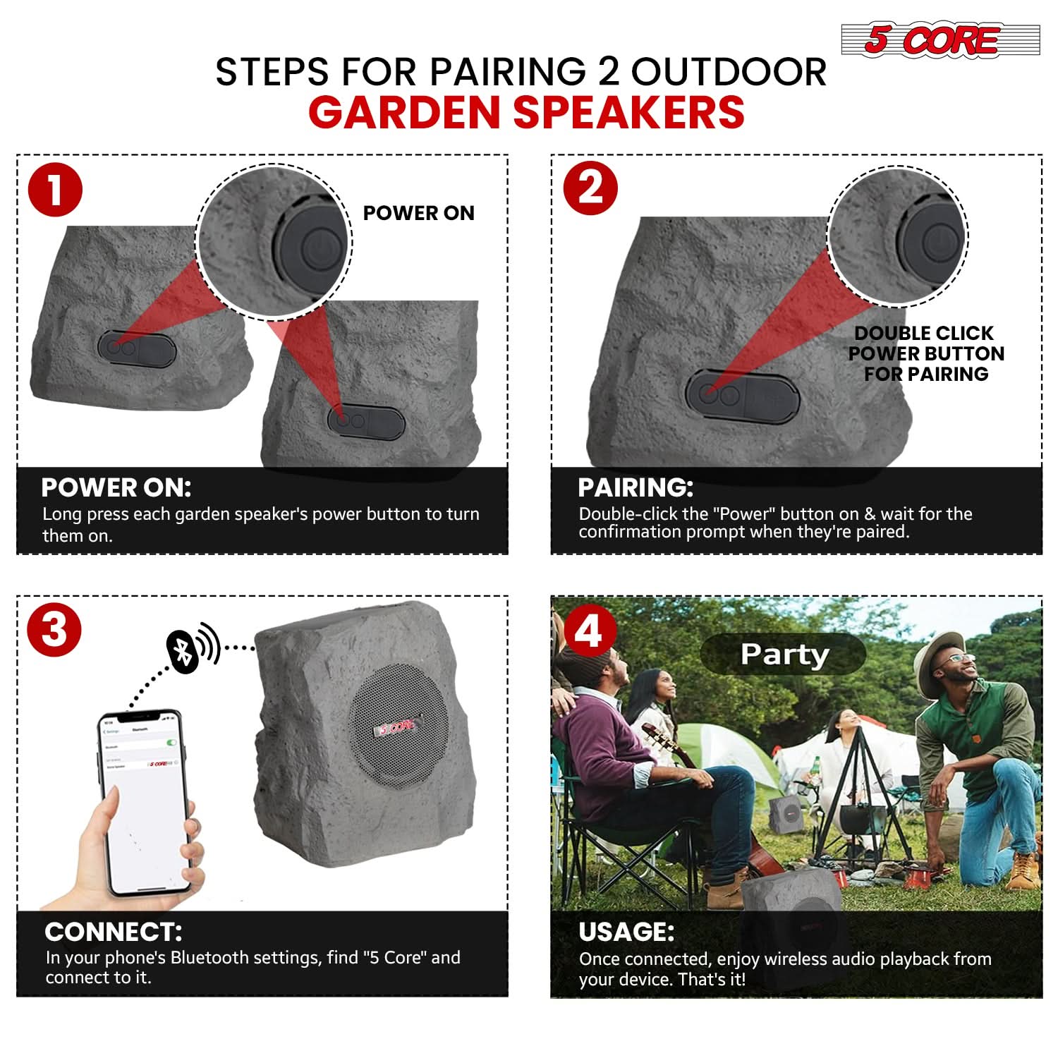5Core Outdoor Wireless Speakers Bluetooth Rock Waterproof Linkable TWS