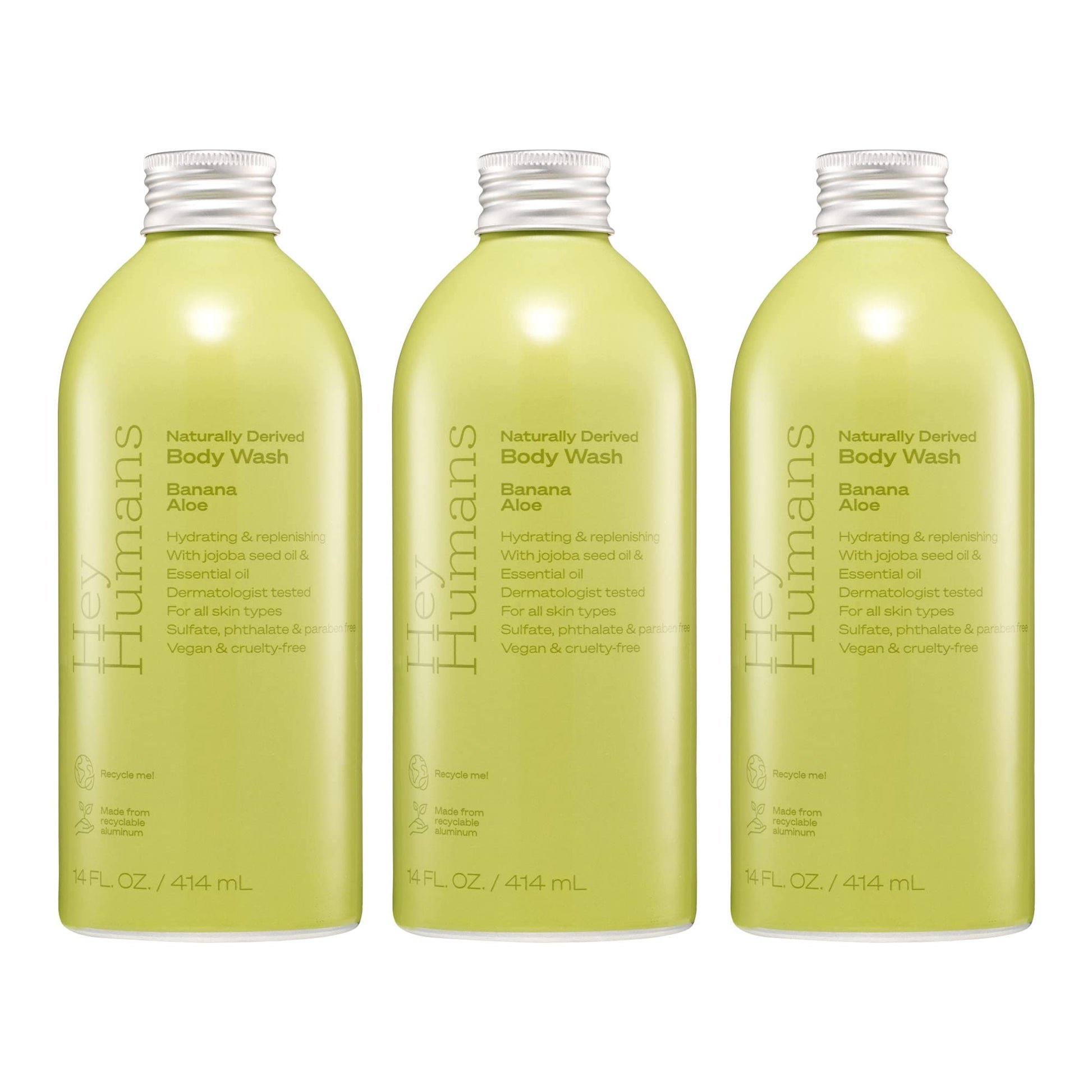 Hey Humans Banana Aloe Moisturizing Body Wash with Natural Ingredients & Jojoba Oil | Clean Vegan Sulfate Free Bath & Body Wash for Women & Men | Recyclable Bottle 14 fl. oz. - Pack of 3