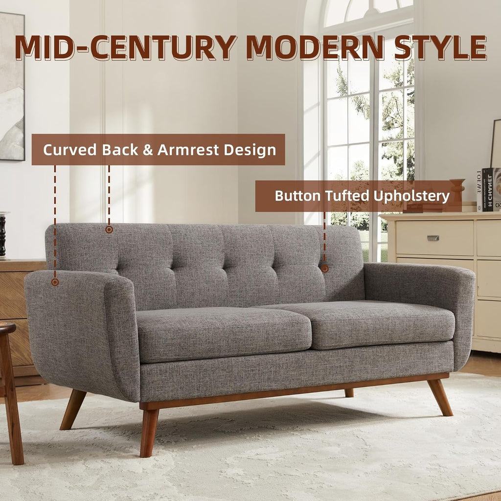 Grey Mid Century Modern Loveseat Sofa 65.3 Inch Living Room